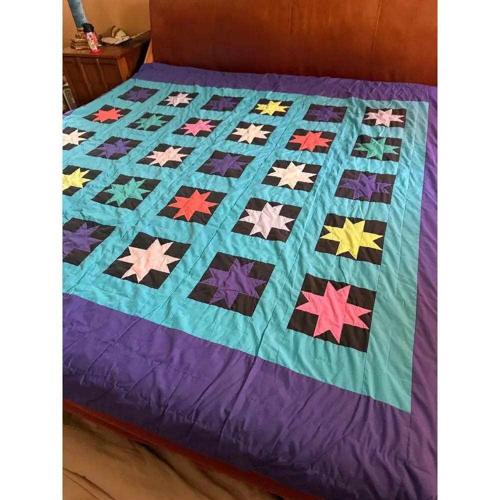 Vintage Handmade Patchwork Quilt King Size Hand Sewn Colorful Star Geometric